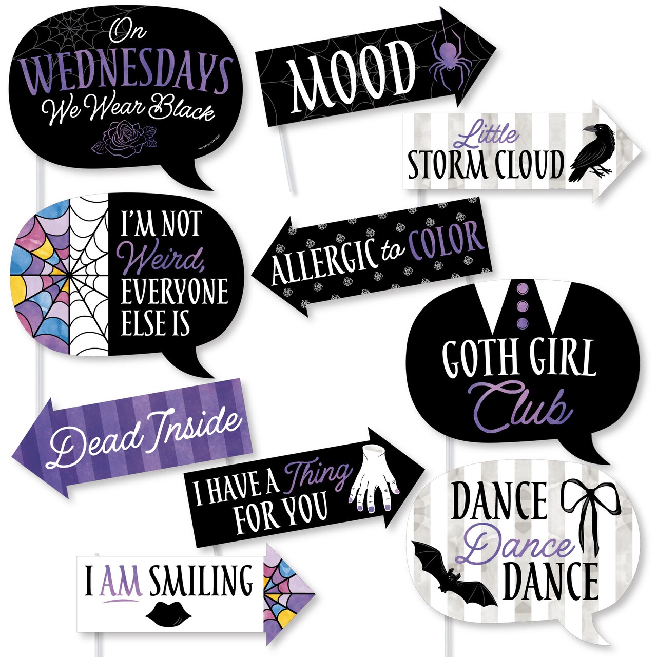 Big Dot of Happiness Goth Girl Funny Photo Props, Halloween or Birthday Party Decoration, Skulls, Ravens, Roses, Bats Photo Booth Props Kit – 10 Piece